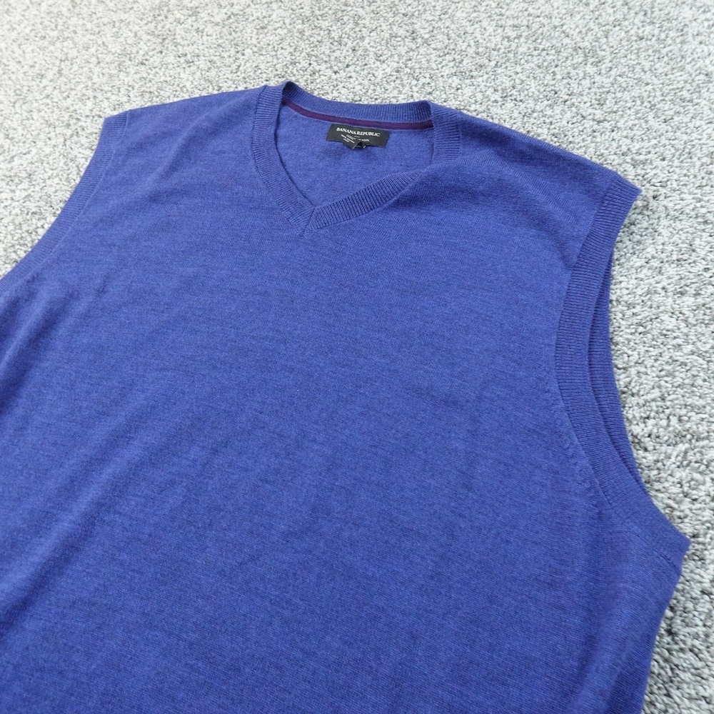 Banana Republic Sweater Mens 2XL Blue Merino Wool V Neck Knit Pullover Vest Soft